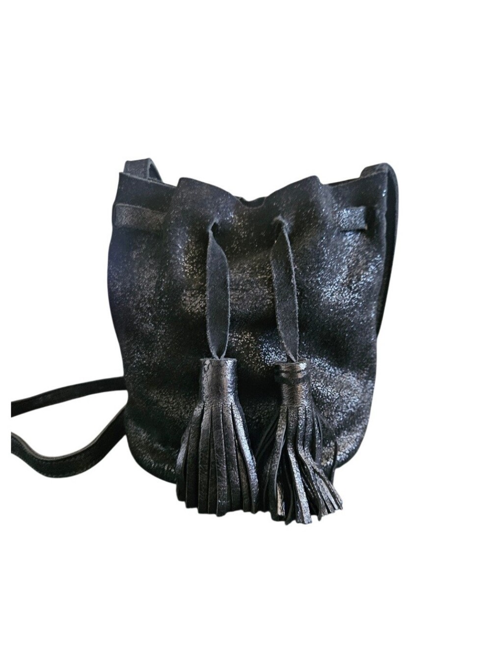 Street Level Black Suede Leather Metallic Shimmery Bucket Crossbody Bag